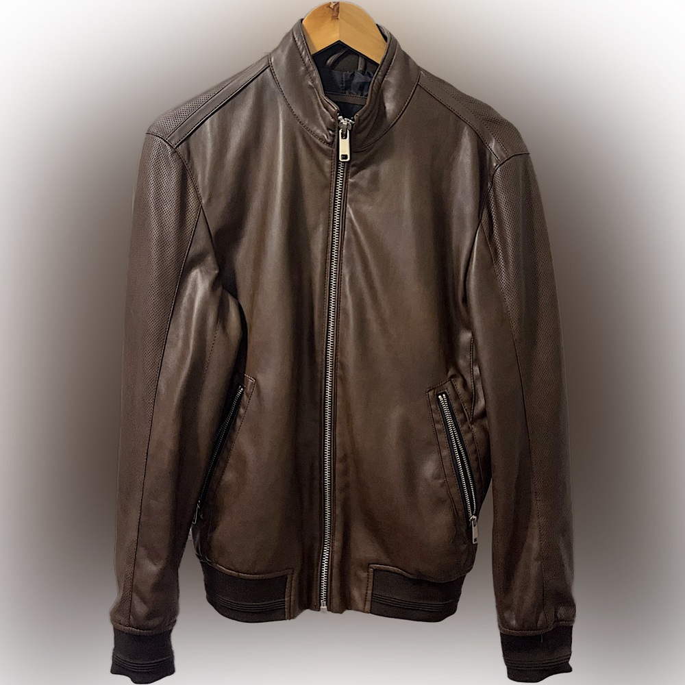 Zara Brown Cafe Racer Faux Leather Jacket